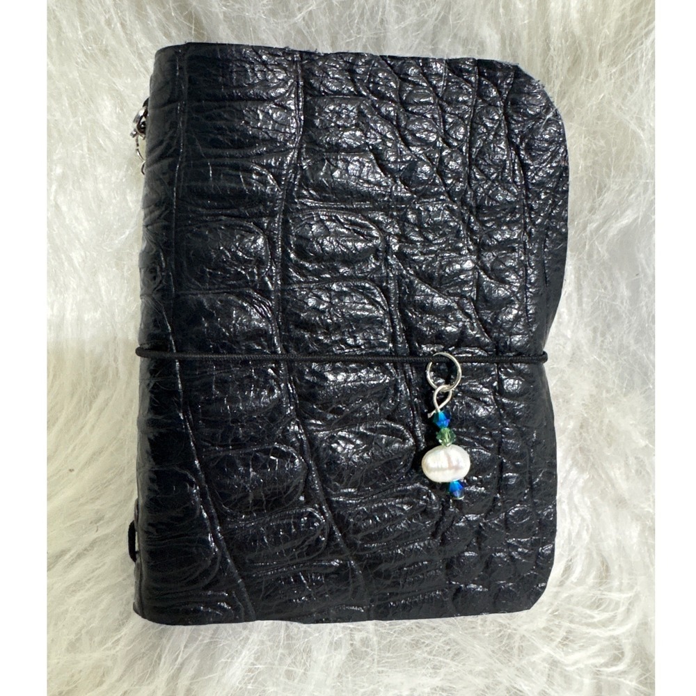Handmade Leather Notebook Cover Black Croc Embossed Mini Journal Pearl Charm New